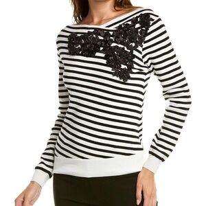 Gracia Asymmetrical Striped Boat Neck Embroidered Trim Sweater  Size: Large.
